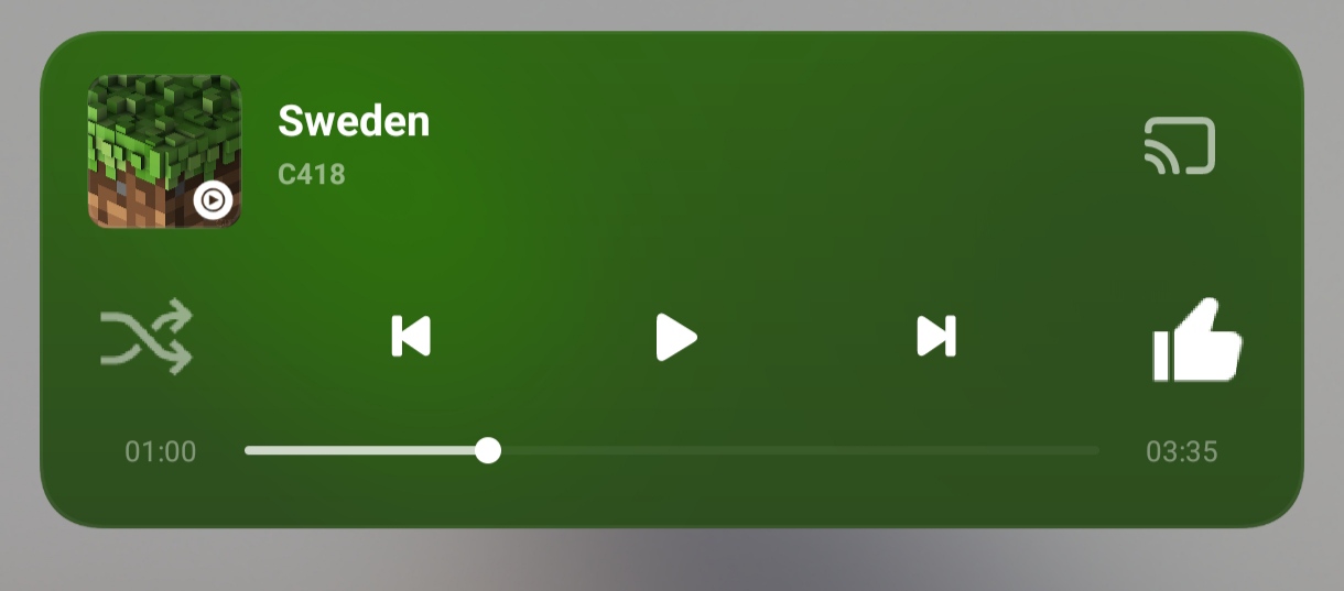 Media player showing the song "Sweden" by C418. The media player has a green background, reflecting the song icon's colours.